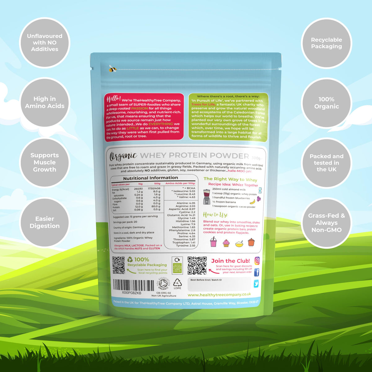 Organic Whey Protein Powder (300g) - Grass Fed Unflavoured Organic Protein Powder by TheHealthyTree Company - Low Carb Natural Protein for Muscle Growth & Recovery