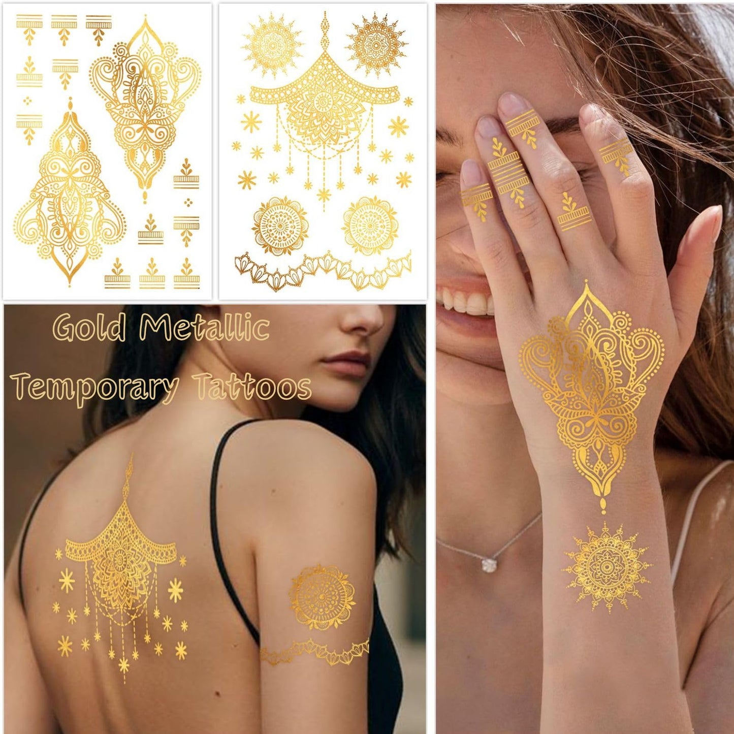 SHEBEEDO 9 Sheets Gold Metallic Temporary Tattoos,110+ Shimmer Glitter Designs Floral, Mandala,necklaces,Waterproof Long Lasting Body & Face Art Sticker for Women & Girls, Festival, Party, Beach, Cosplay