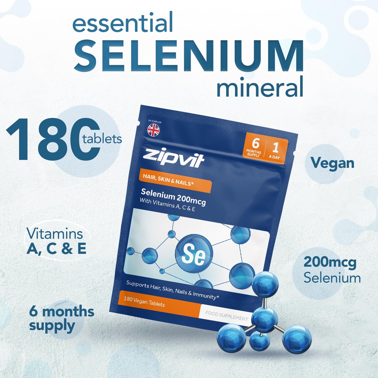 Zipvit Selenium 200mcg with Vitamins A, C, E Pouch. 180 Vegan Tablets. Supports Normal Thyroid, Skin, Hair & Nails, Immune System, and Antioxidant Protection. 6 Month Supply. UK Supplier.