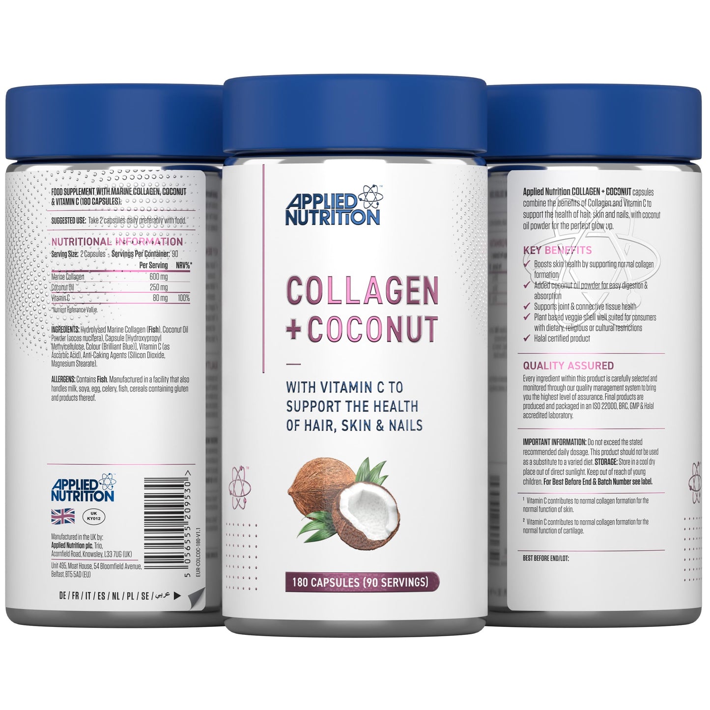 Applied Nutrition Collagen + Coconut Capsules – Marine Collagen with Vitamin C & Coconut Oil – Hair,Skin & Nails Support – Joint & Connective Tissue Health –Halal Certified –180 Capsules (90 Servings)