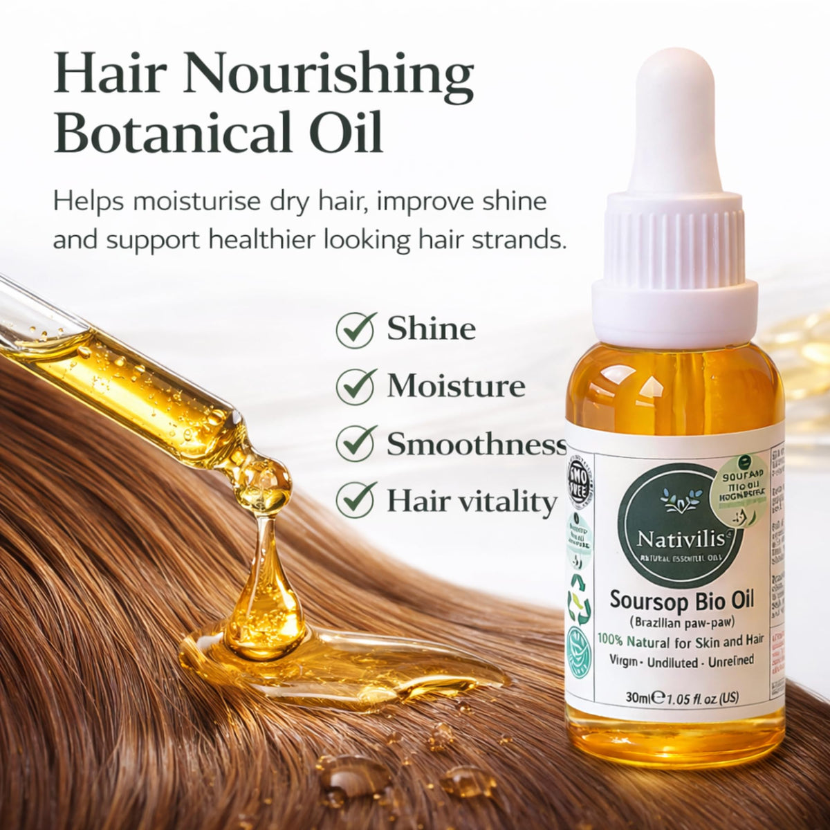 Nativilis Natural Essential Oils Nativilis Soursop Bio Oil, 30ml, 100% Natural Virgin Unrefined Brazilian Paw-Paw Oil for Skin and Hair