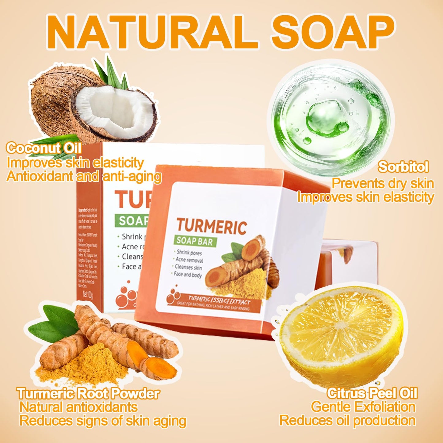 Trendyfave Turmeric Soap (2 Pcs) Natural Turmeric Soap Bar for Acne & Dark Spots, Hyperpigmentation Smoothing Skin with Turmeric Root Extract, Cleanser, Deep Moisturizing & Gentle for All Skin Types