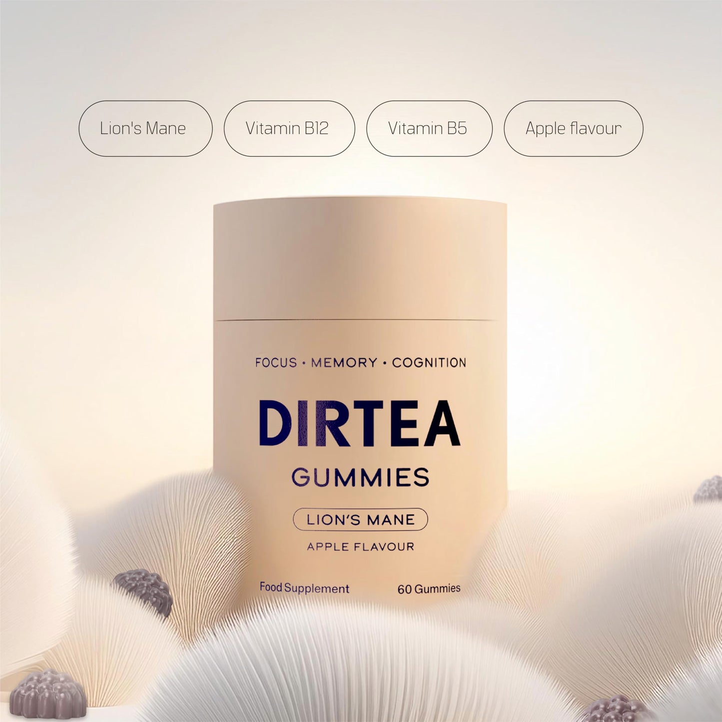 DIRTEA 60 Lion's Mane Mushroom Gummies | 2,400mg / Serving | Vegan, Natural & Sugar Free | with Vitamin B12 & B5 | Focus & Memory Supplement | 60 Gummies (30 Servings) - Apple Flavour