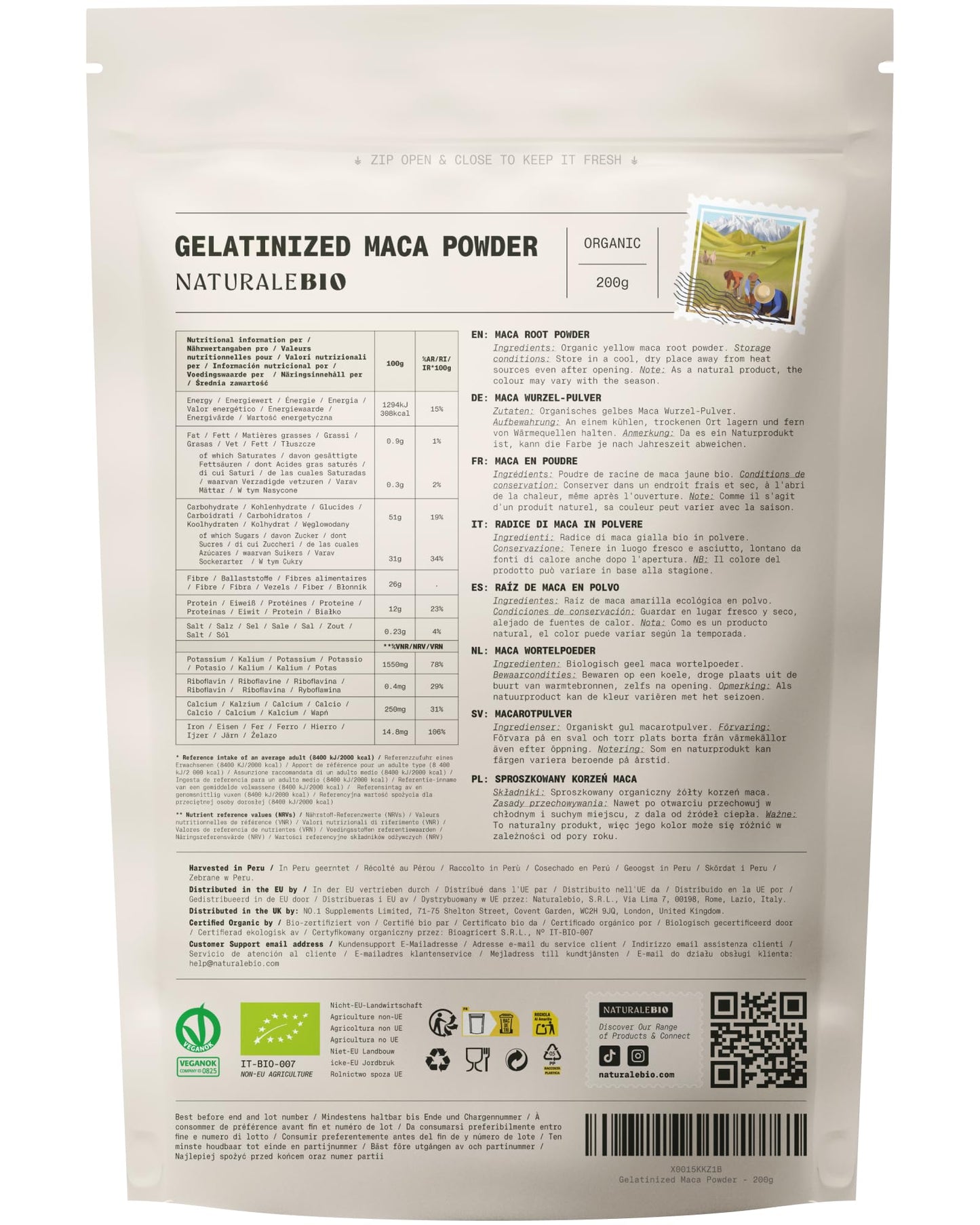 NaturaleBio Organic Maca Powder 200g. Peruvian, Natural and Pure, from Organic Maca Root. Vegetarian and Vegan Friendly - Gelatinised (Pack of 1)