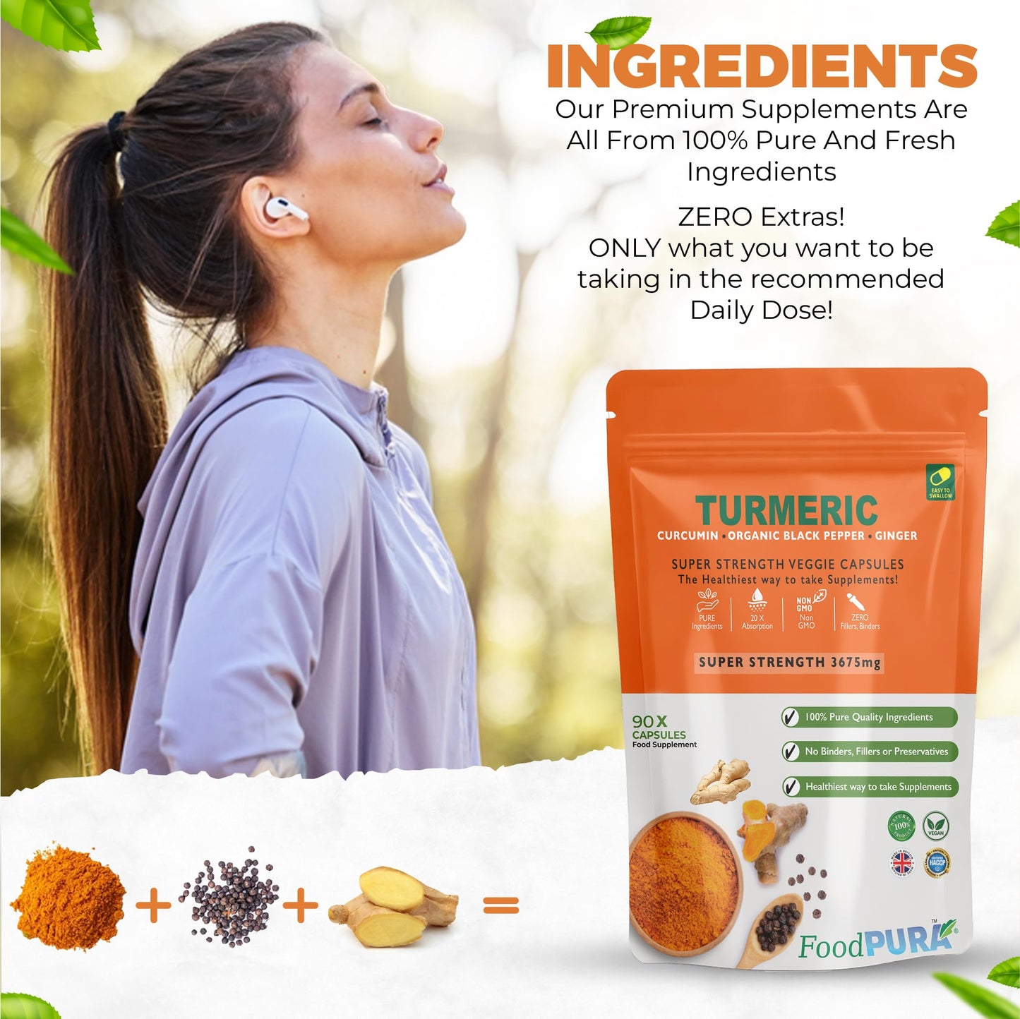 FoodPURA Turmeric Curcumin Capsules with Black Pepper & Ginger High Strength 3675mg HACCP Certified, Manufactured in The UK by FoodPURA (90)
