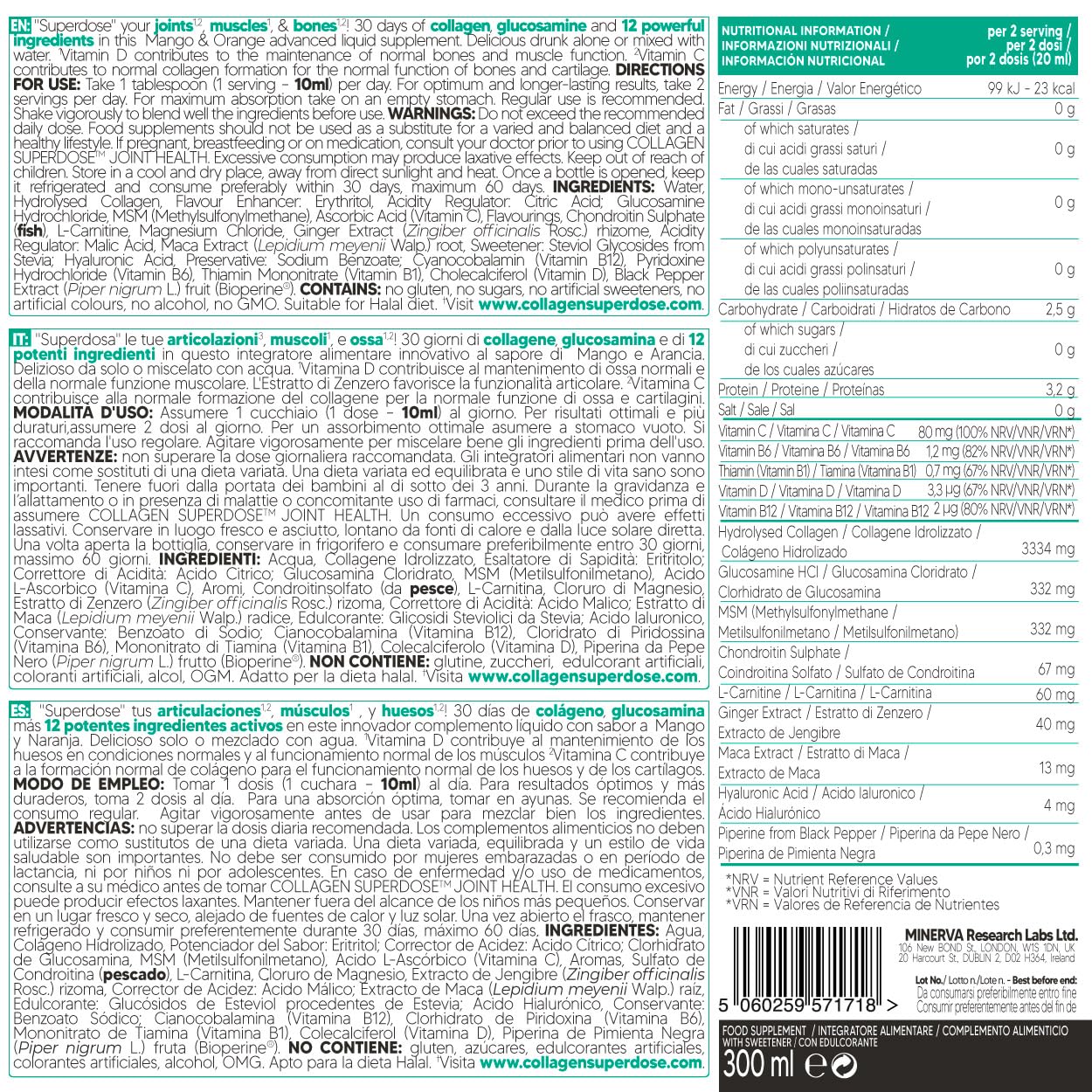 GOLD COLLAGEN Collagen SUPERDOSE by Gold Collagen Joint Health - Collagen Supplements for Women & Men, Supplement Joints for Muscles and Bones with Vitamin C, Vitamin D and Hyaluronic Acid, 300 ml