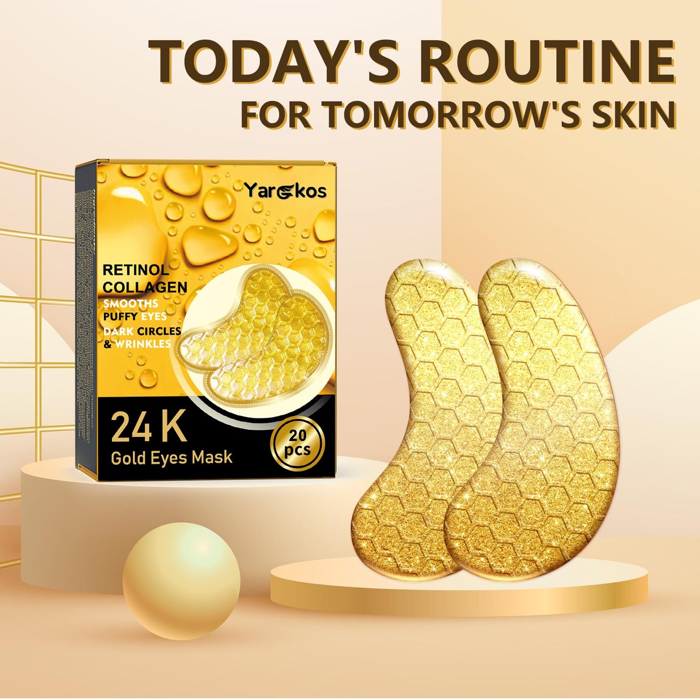 Mifeloy 20 Pairs 24K Gold Under Eye Patches, 20 Pcs Golden Cooling Hydrating Eye Masks, Anti Wrinkle Collagen Undereye Pads for Adults, Women Travel Skincare Face Gel, Reduce Dark Circles Puffiness Puffy Eyes