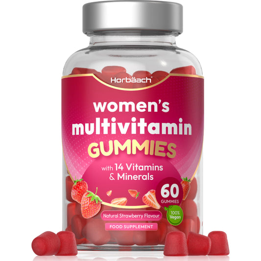 Multivitamin Gummies for Women | 14 Multivitamins and Minerals | with Biotin, Zinc, Vitamin C & More! | Hair, Skin and Nails Vitamins | 60 Vegan Gummies - Natural Strawberry Flavour | by Horbaach