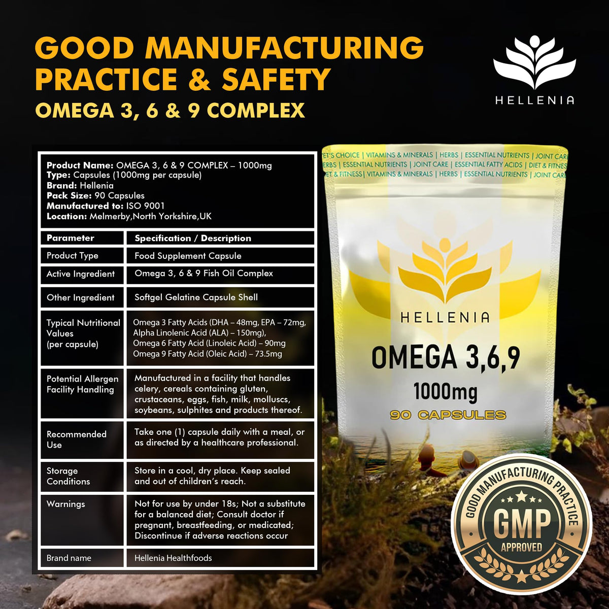 Omega 3 6 9 Capsules High Strength | 1000mg - 90 Softgel Capsules | Supports Maintenance of Normal Blood Cholesterol | Omega 369 with EPA, DHA & ALA from Fish Oil - Made for Hellenia