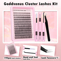 Goddvenus Individual Eyelashes Wispy Lash Clusters Kit D Curl Eyelashes Individual Kit Natural Lash Extension Kit with Russian Cluster Lashes Glue Bond and Seal and Lash Tweezers (D Curl 192pcs)