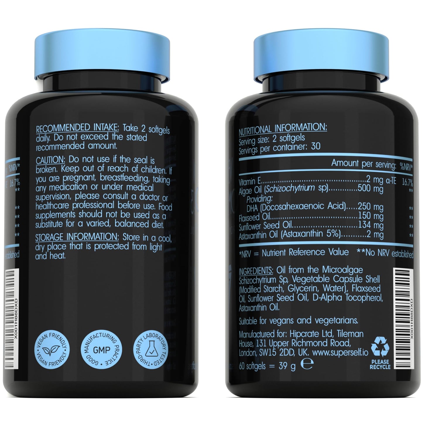 Vegan Omega 3 Capsules - High Strength DHA from Algae Oil 500mg - Algae Omega 3 Vegan with Flaxseed Oil, Astaxanthin, Vitamin E - 60 Easy to Swallow Softgel Tablets - Sustainable Vegetarian Supplement