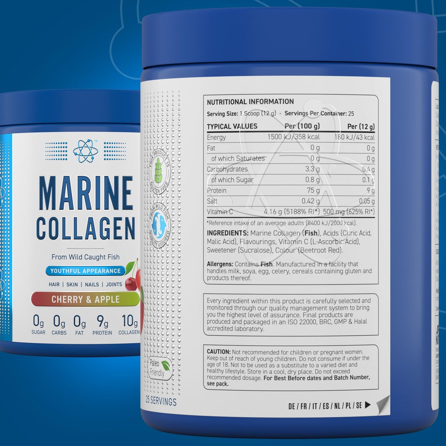 Applied Nutrition Marine Collagen Powder - Hydrolysed Collagen Protein, Healthy Skin, Hair, Nails (Cherry & Apple) (300g - 25 Servings)