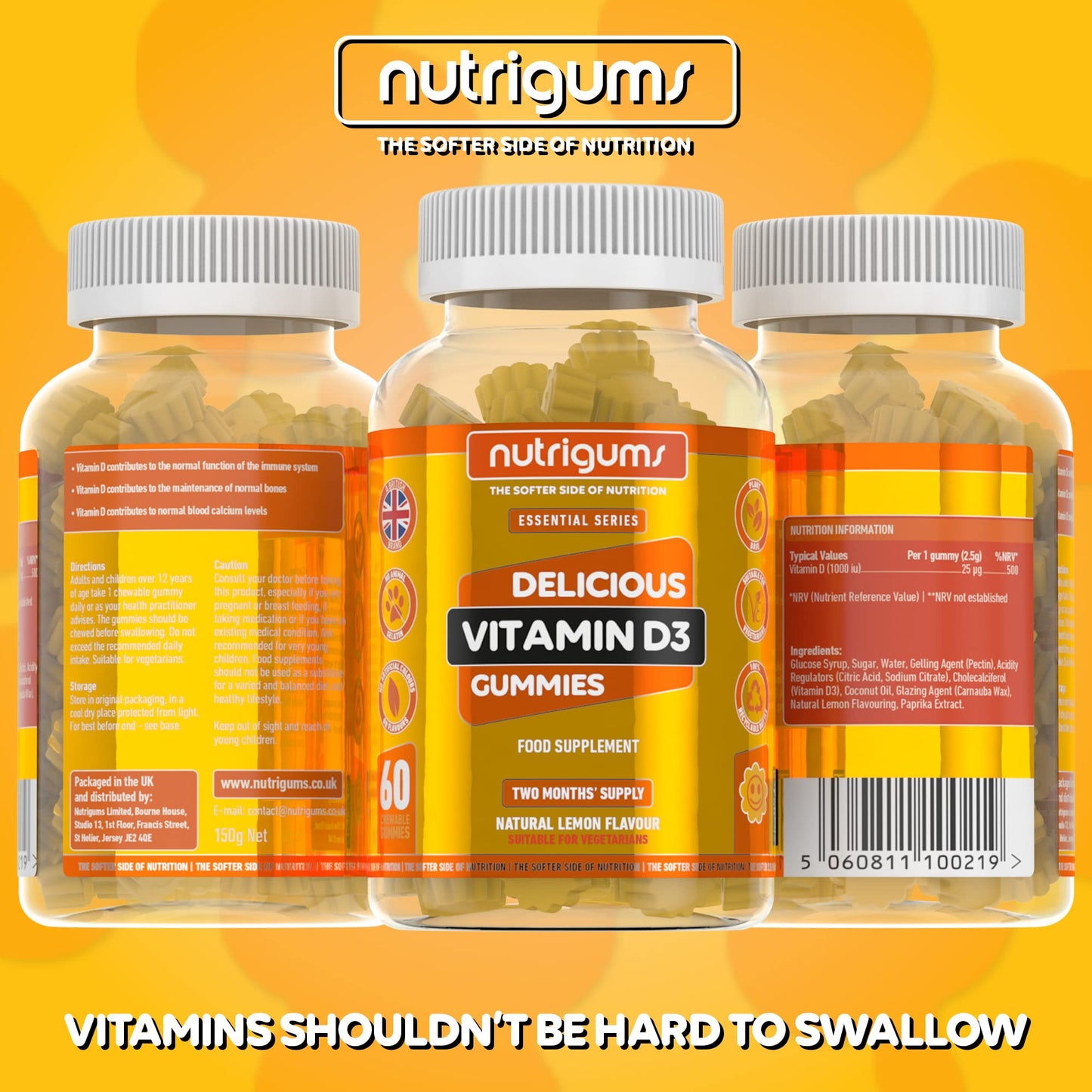 Nutrigums Vitamin D3 1000iu Gummy | High Strength | 60 Vegan Gummies | Suitable for 12+ Years | Lemon Flavour | Immune, Bones & Muscle Support by NUTRIGUMS®
