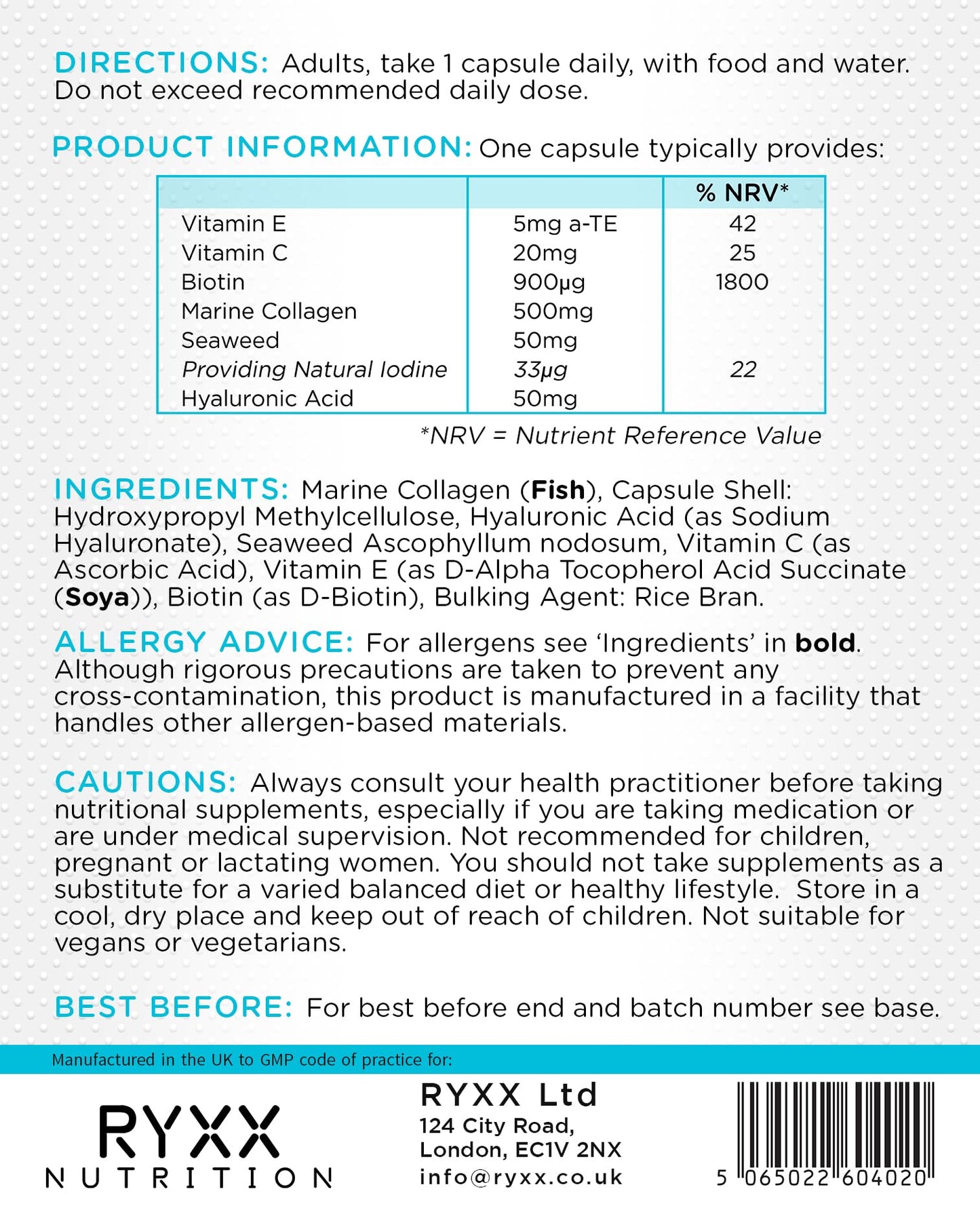 Collagen Complex + | Collagen Supplements for Women & Men | Contains Marine Collagen, Hyaluronic Acid, Seaweed, Biotin, Vitamin C & Vitamin E | 60 Capsules | Made in The UK by RYXX