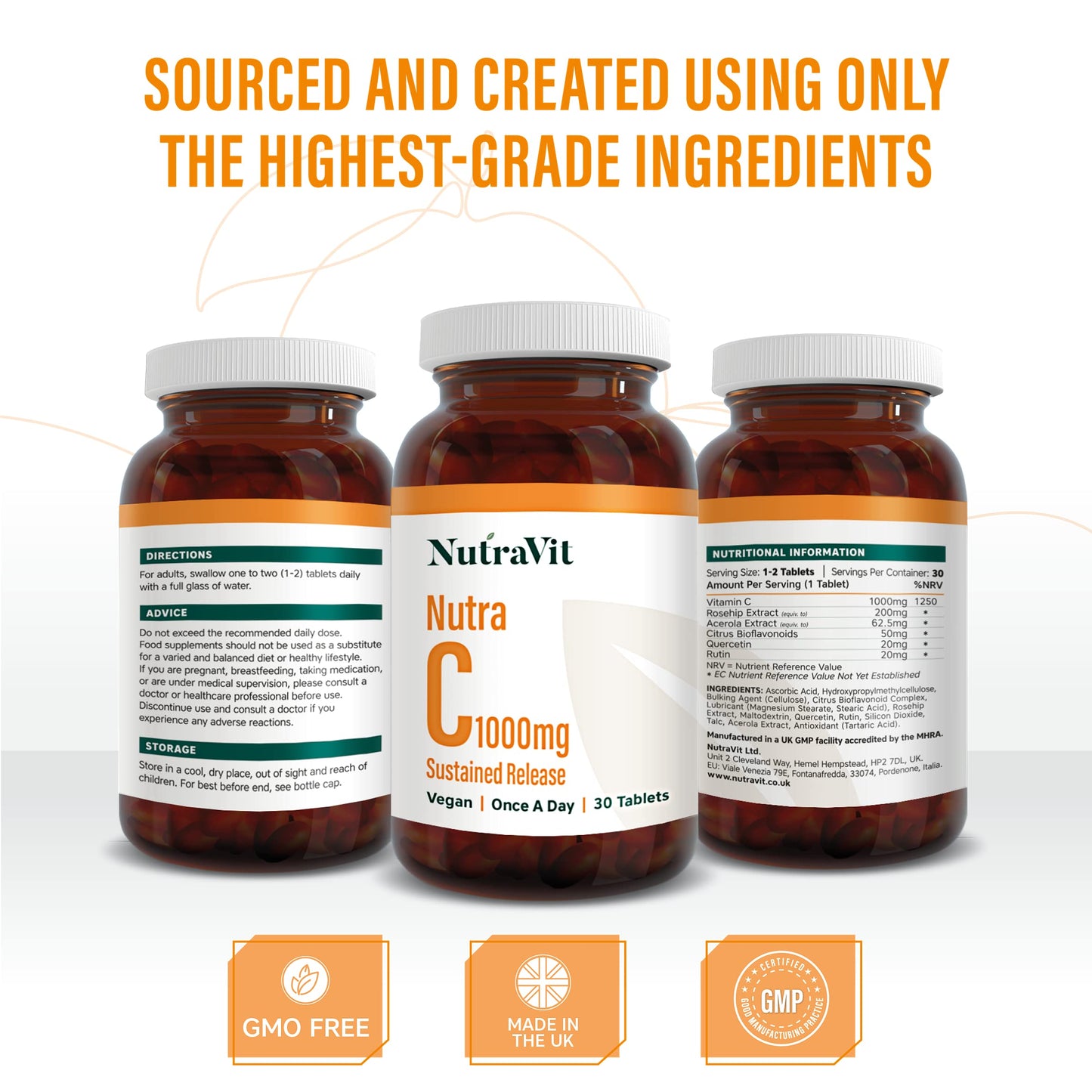 NUTRA C - Vitamin C 1000mg - 30 Tablets - Sustained Release Vegan Tablets - Gluten Free | Orange Flavoured - with Rosehip, Hesperidin & Acerola - Manufactured in a UK MHRA GMP Facility - NUTRAVIT
