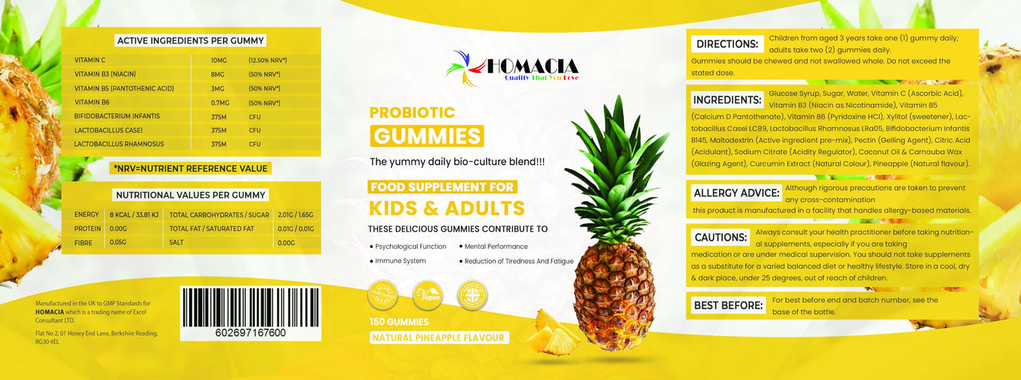 HOMACIA Quality That You love Homacia Kids Probiotic Gummies | 150 Probiotic Gummies for Kids & Adults | Natural Pineapple Flavour with Added Vitamins | Immune Booster for Kids | UK Manufactured Multivitamin Gummies