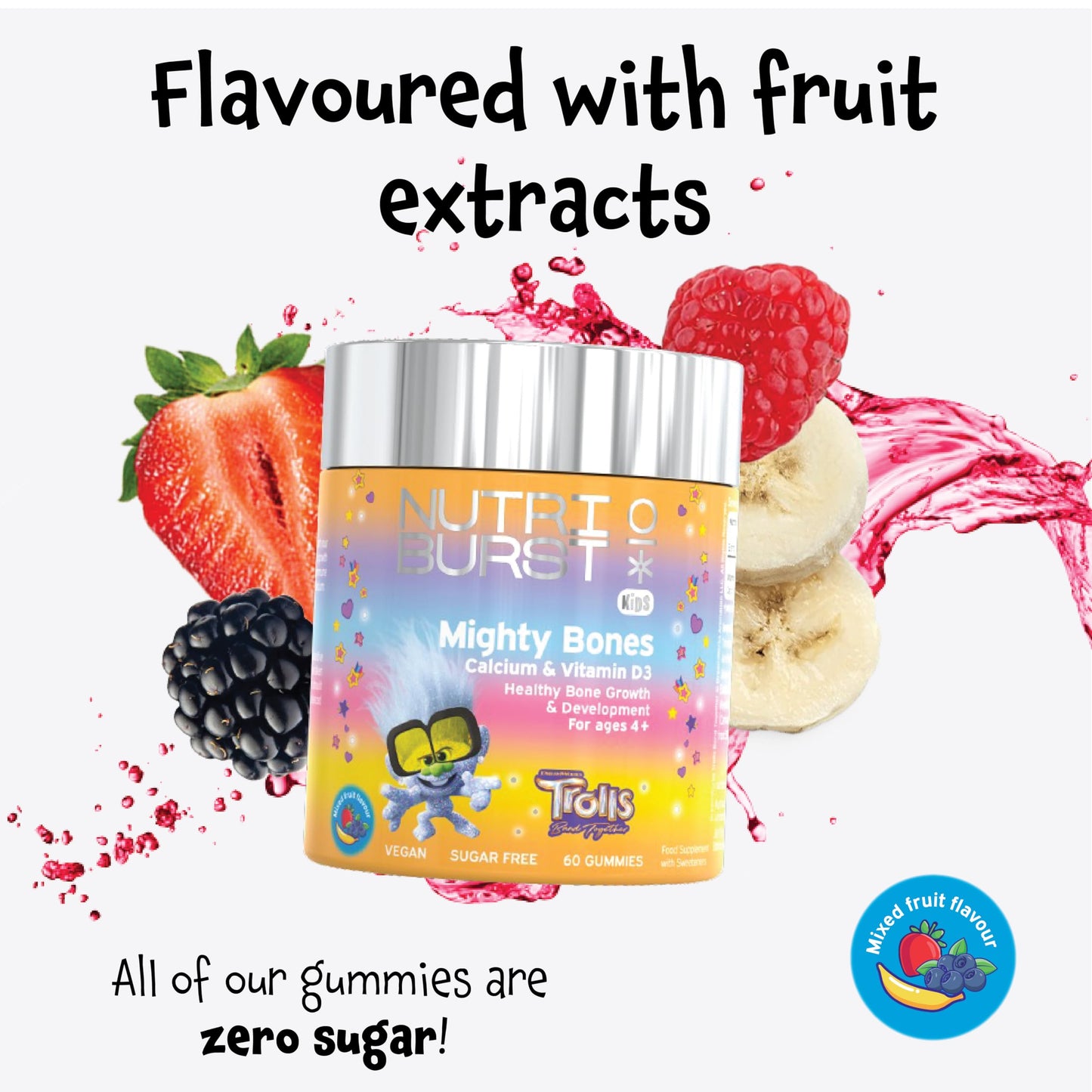 Nutriburst Kids Mighty Bones - Vitamin D3 + Calcium Chewable Vitamin - Healthy Bone Growth & Development - Vitamin D3 (25µg) + Calcium (240mg) - Vegan + Sugar Free - Strawberry Flavour - 30 Gummies