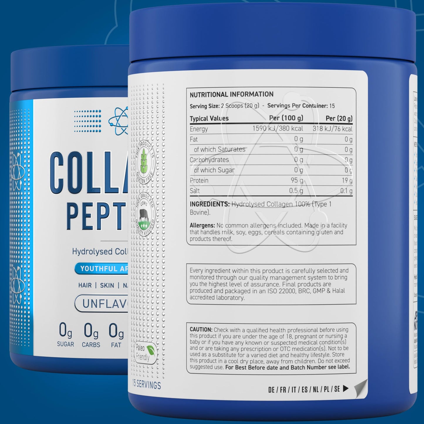 Applied Nutrition Collagen Peptides Powder - Hydrolysed Bovine Collagen Protein, Halal, Healthy Skin, Hair, Nails (Unflavoured) (300g - 15 Servings)