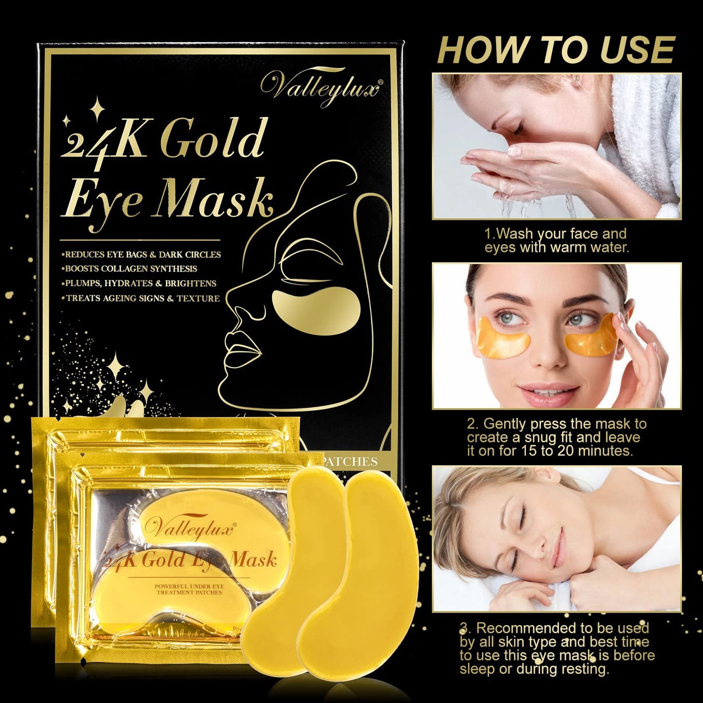 Generic Under Eye Patches,24K Gold Eye Masks, Eye Masks for Anti Wrinkles, Dark Circle Puffiness, Eye Gel Patch Women Men Under Eye Gel Patches (20 Pairs)