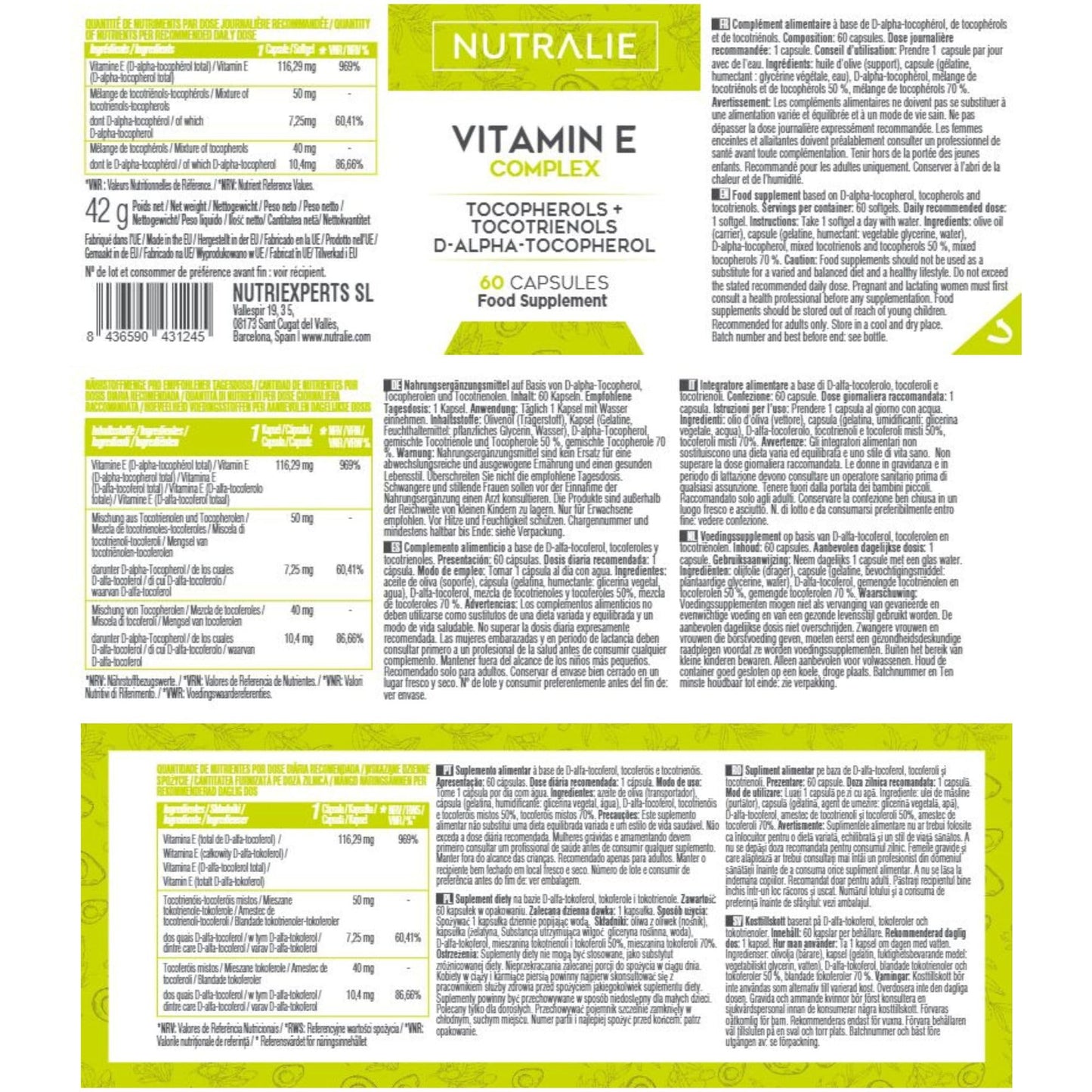 NUTRALIE Vitamin E Natural Source and Maximum Absorption | High Strength Antioxidant Cell Protection with 8 Molecules of Tocopherols and Tocotrienols | 60 Softgel Capsules Nutralie