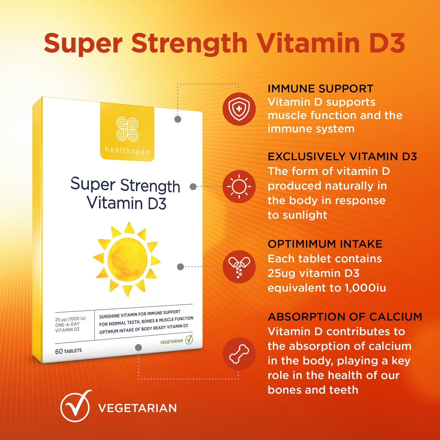 Healthspan Super Strength Vitamin D3 | Immune Health | Bone, Teeth & Muscle Health | Contains 1,000iu of Natural Source Vitamin D3 in Each Tablet | Vegetarian (60 Tablets)