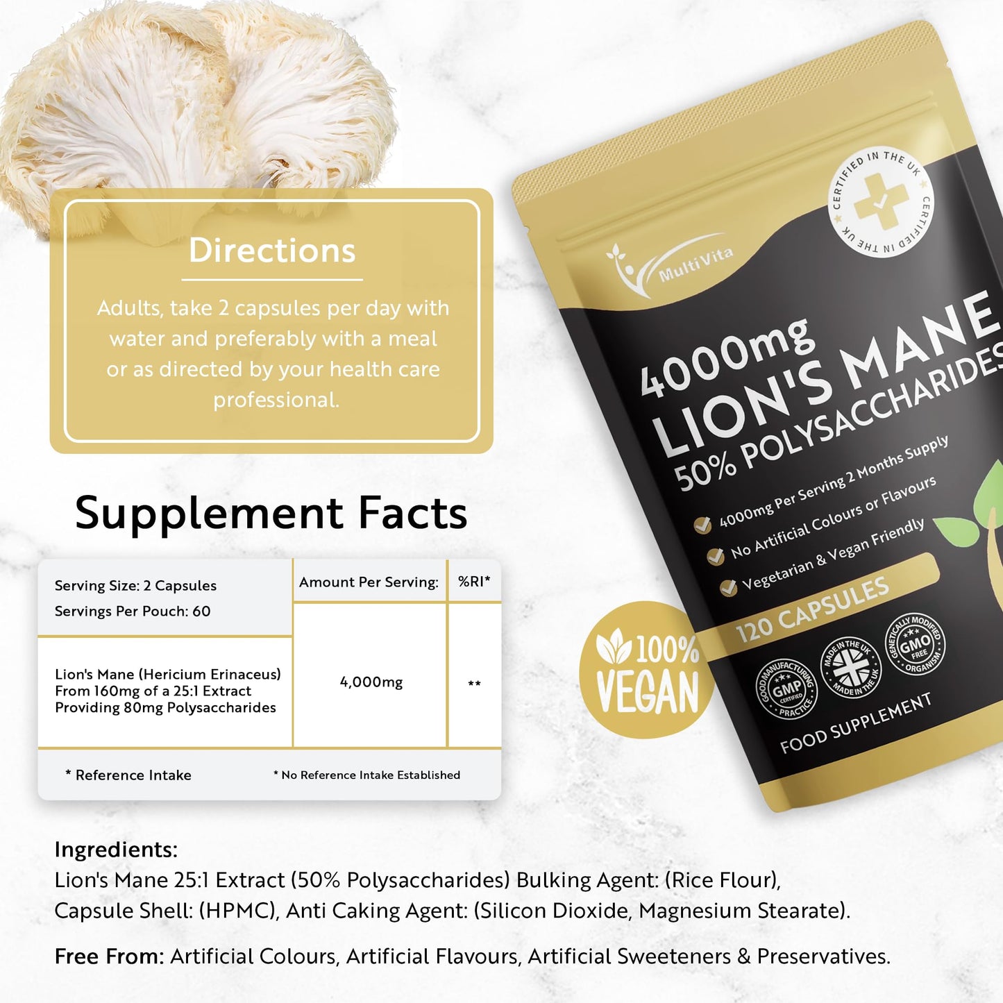Multivita Lion's Mane Mushroom Extract 4000mg - 120 High Strength Vegan Capsules, 2 Months Supply - Brain and Focus Supplement for Better Cognitive Health - (Not Powder or Tablets) UK Made GMO Free