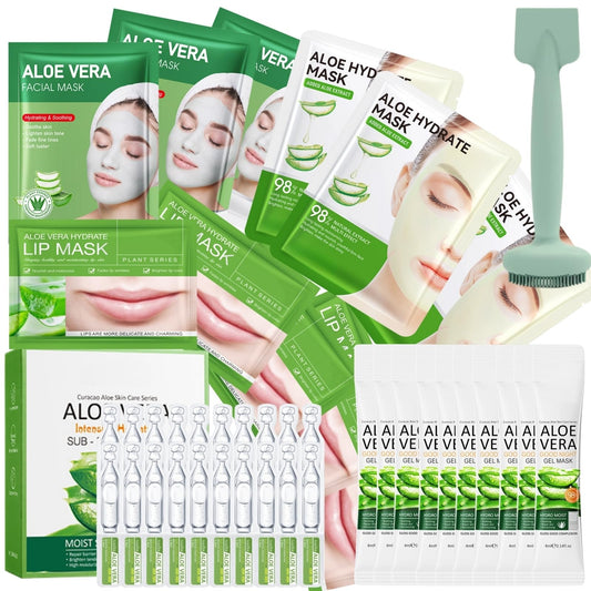 Cureluxe 42PCS Aloe Vera Skincare Gift Set for Women,Aleo Vera Nourishing & Moisturizing Skin Care Sets & Kits Face Serum,Sleep Mask,Clay Mask,Lip Mask,Skin Care Set for Teenage Girls Women
