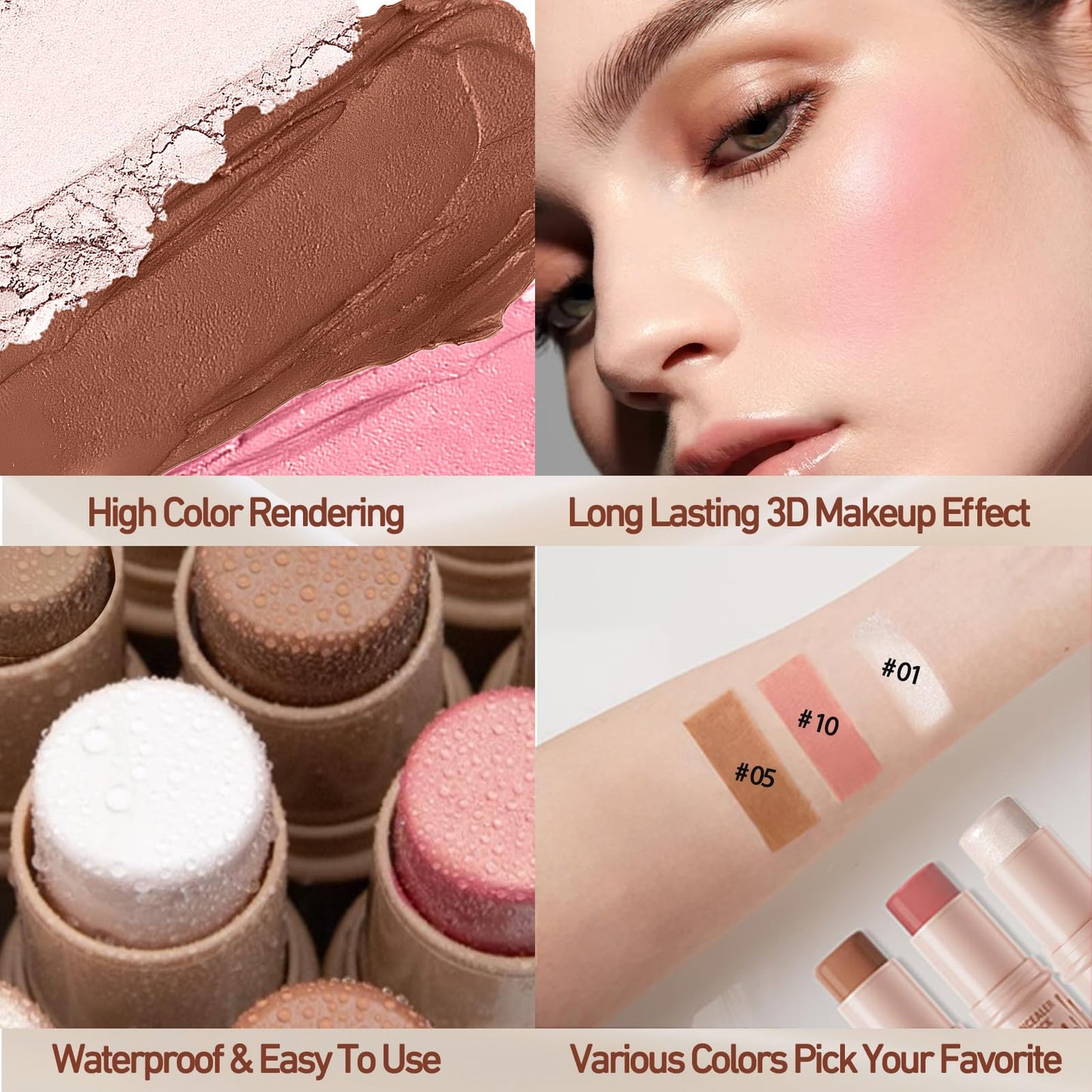 Ceboic 3Pcs Contour Highlighter Blush Stick, Bronzer Beauty Wand with Brush, Waterproof Long Lasting Cream Concealer for Sculpt the Cheeks, Lightweight Smooth Face Makeup Contouring Stick Set for All Skin