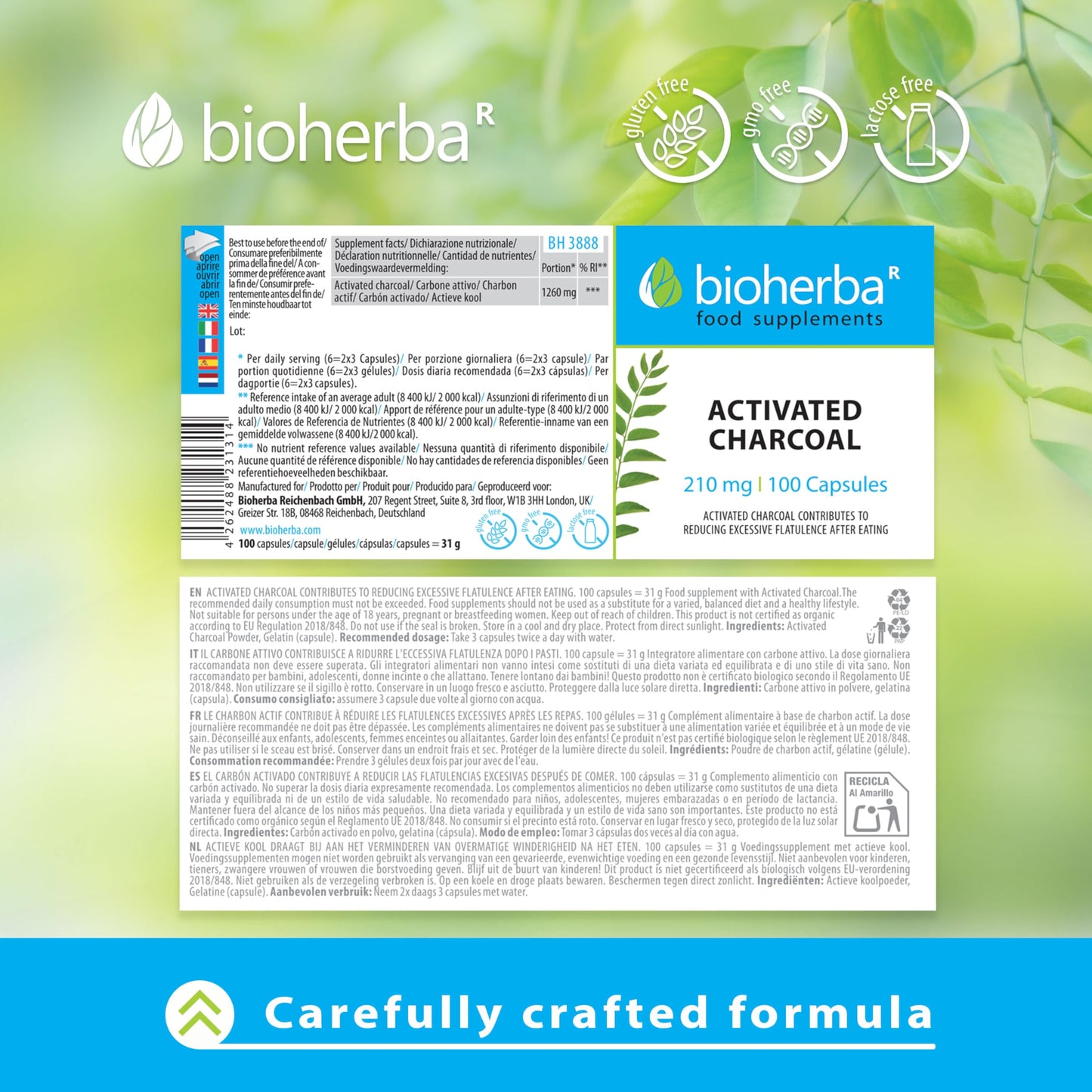 Activated Charcoal 210 mg – 300 Capsules Natural Detoxifying Supplement for Digestive Support and Bloating Relief by BIOHERBA