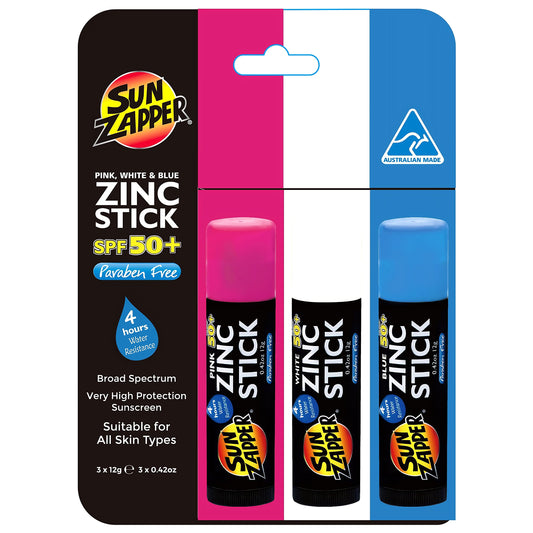 Zinc Sun Stick (Pink, White, Blue) 3-Pack Sunblock Sticks for Face SPF 50 Mineral Sunscreen - Sun Zapper Australian Natural Sunscreen