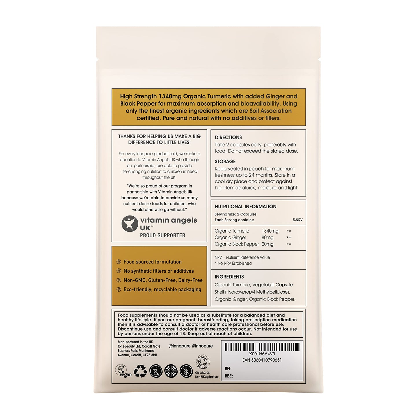 Organic Turmeric with Black Pepper & Ginger (No Fillers or Binders) 120 Capsules - High Strength Turmeric Supplement - UK Made by INNOPURE