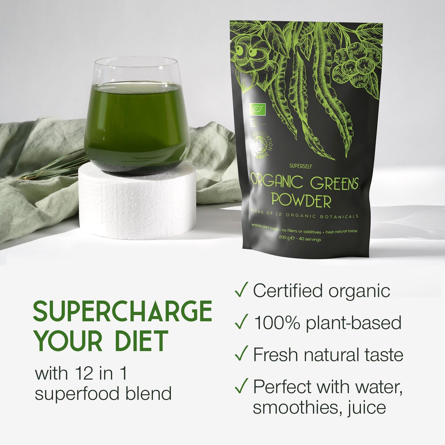 SuperSelf Organic Super Greens Powder - Daily Superfood Green Powder with Matcha, Spirulina, Wheatgrass, Chlorella, Acai - 40 Servings - 12 Supergreens High in Vitamins, Protein, Fibre - No Additives