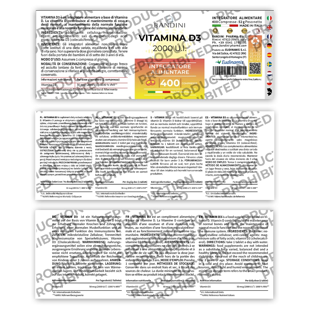 BANDINI Bandini® Vitamin D 2000 IU - High Strength Vitamin D3 Supplement (Cholecalciferol) - 400 Easy Swallow Micro Tablets (1+ Year Supply) - Vegetarian Vitamins - Immune System Booster & Bone Health Support