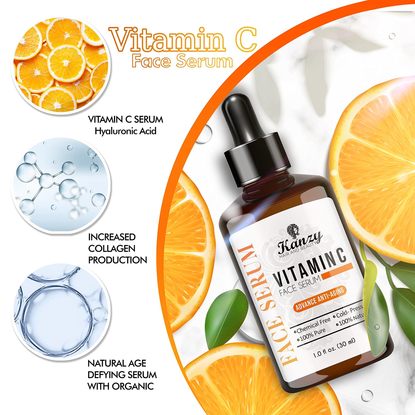 KANZY HAIR AND BEAUTY Kanzy Vitamin C Serum for Face with 20% Hyaluronic Acid Anti-Aging, Anti-Wrinkle, Dark circles & Fine Lines Facial Serum Boost Skin Collagen, Moisturizer for Skin 30ml