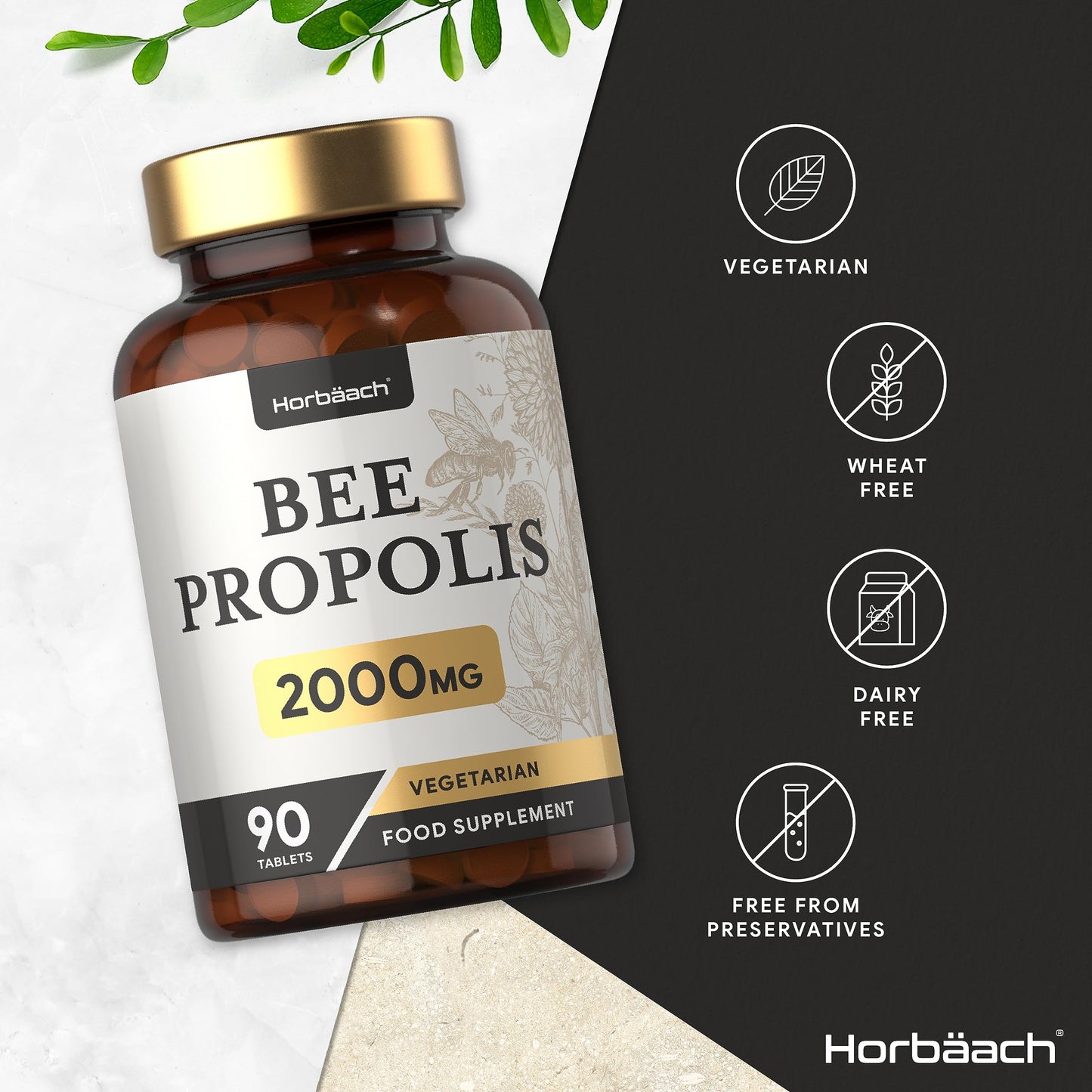 Bee Propolis Tablets | 2000mg | 90 Vegetarian Tablets | No Artificial Preservatives | by Horbaach