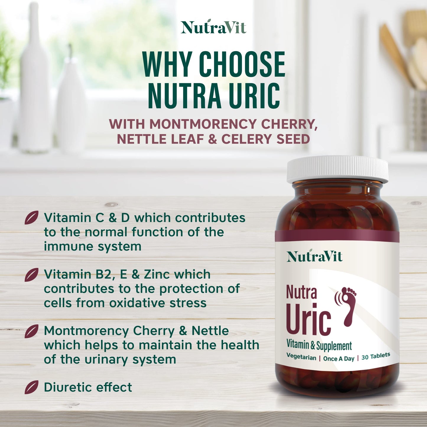 NUTRA URIC - 4000mg Montmorency Cherry| Ultra High Strength - 30 Cherry Tablets| Uric Acid Tablets/Supplement by NutraVit