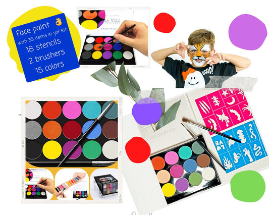 Generic Face Paint Kit for Kids 15 colour Professional with 18 stencils and 2 brushers, 2-4 years ,4-14 an adults