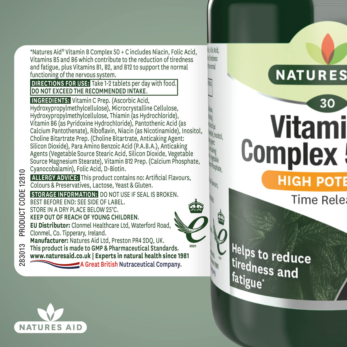 Natures Aid Vitamin B Complex 50 + C (High Potency) with Vitamin C - 30 Tablets