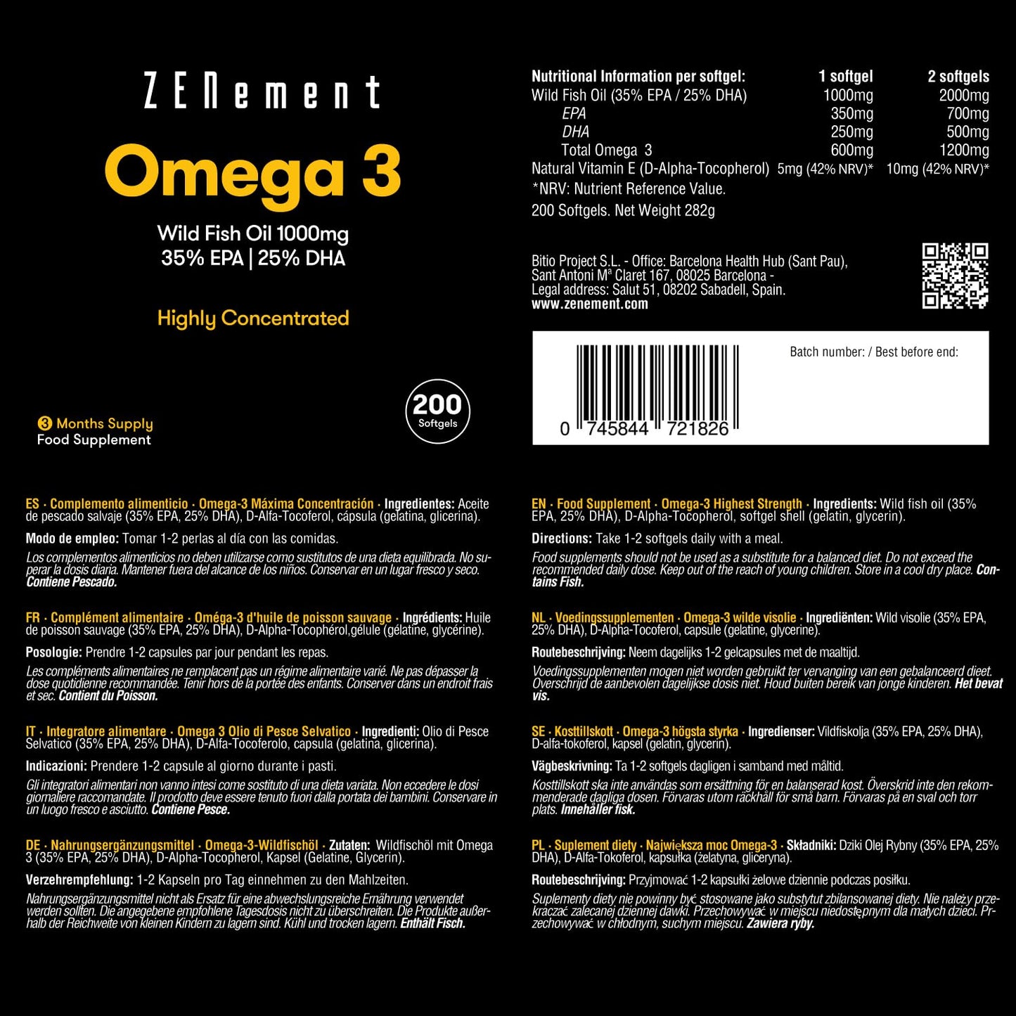 Omega 3 Fish Oil 2000mg, 700mg EPA, 500mg DHA per Daily Serving | 200 High Strength Capsules (3 Month Supply) | Supports Normal Heart Function, Brain and Eye Health | Contaminant Free | Zenement