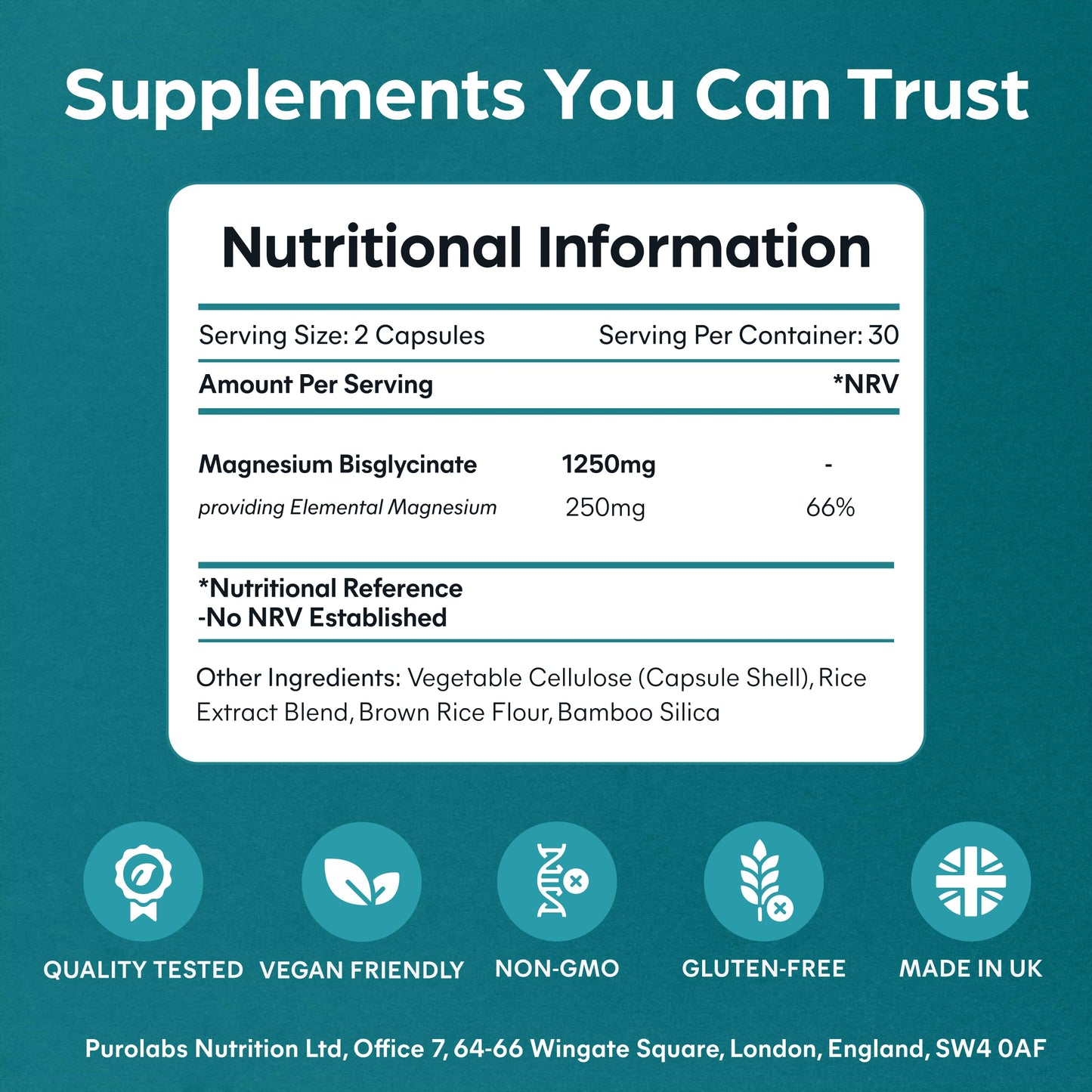 Purolabs Magnesium Bisglycinate 250mg | High Absorption | Energy, Sleep & Muscle Support | Gentle on Stomach | Vegan, Non-GMO, Allergen-Free | 60 Capsules | Made in UK