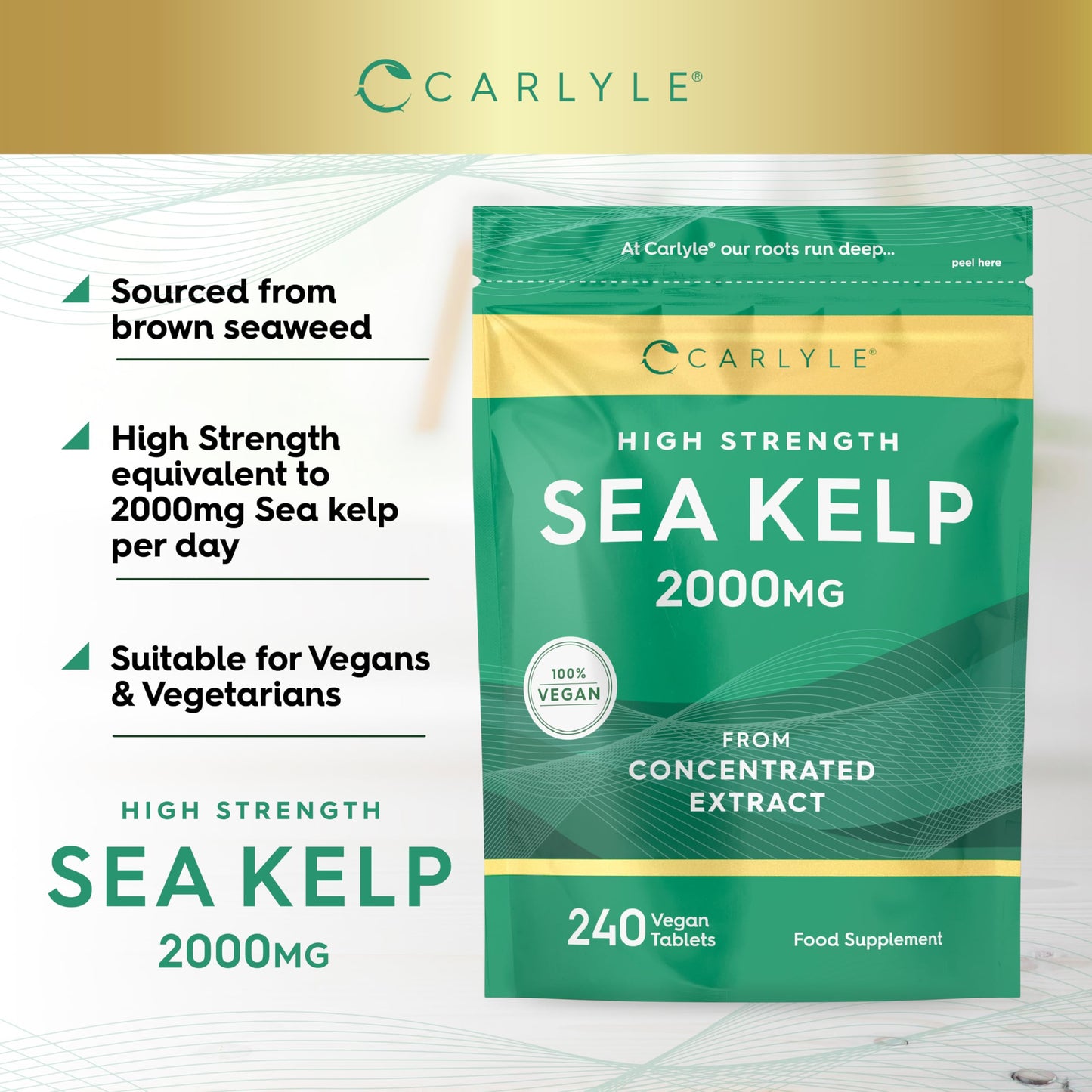 Sea Kelp Tablets 2000mg | 240 Vegan Tablets | High Strength Sea Kelp Supplements for Men & Women | by Carlyle