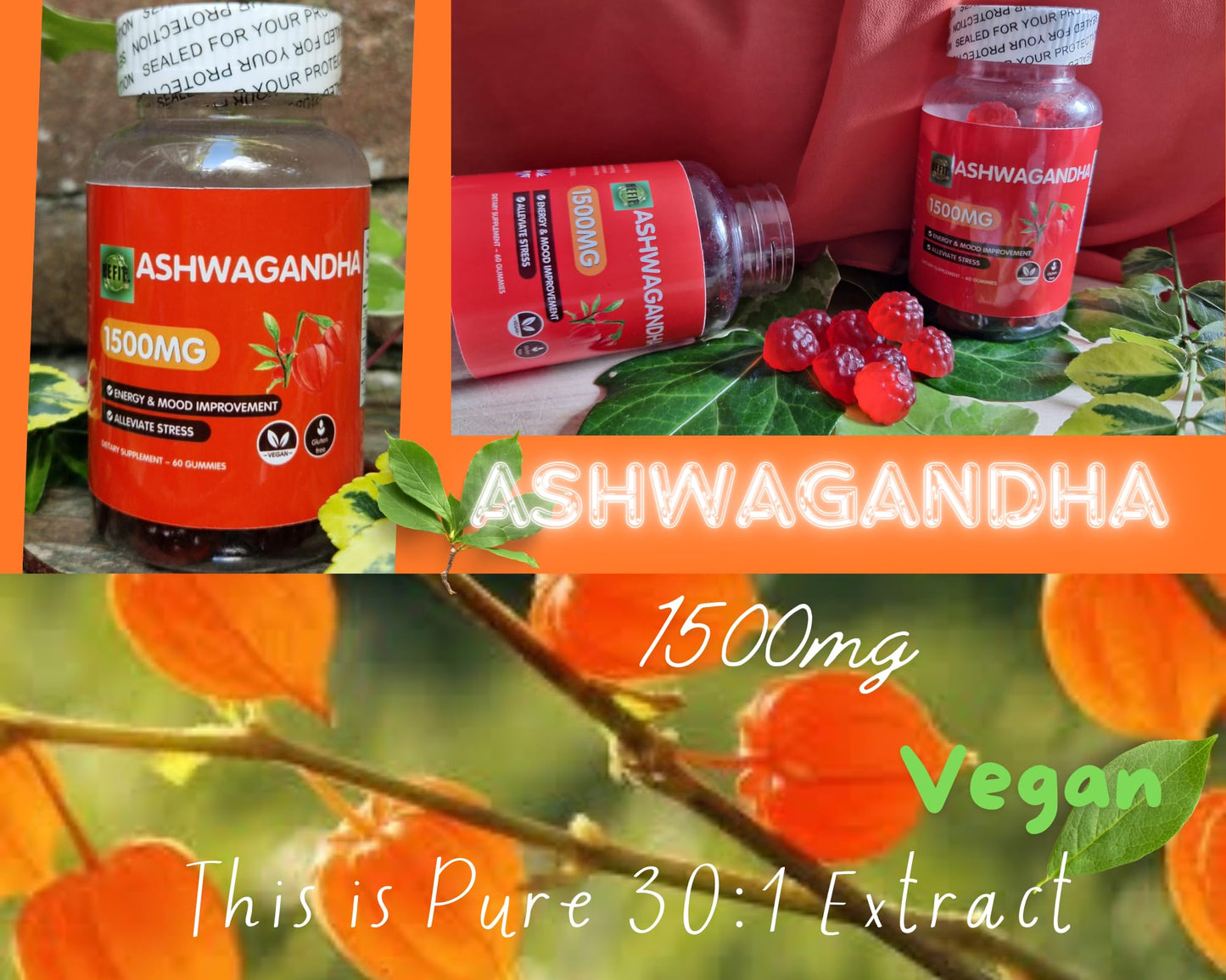 Ashwagandha Gummies, 60 Vegan, Gluten-Free, 1500mg, Energy & Mood Improvement, Stress Relief, 1 Month Supply