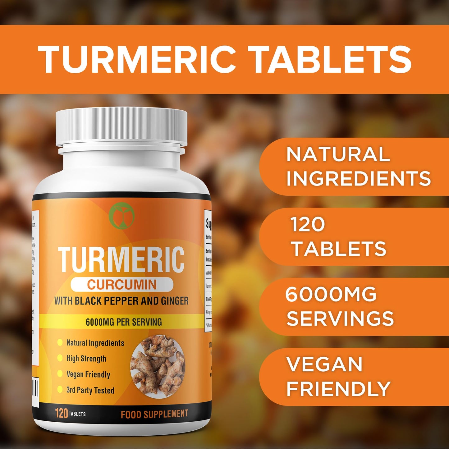 Natural Foundation Turmeric Curcumin & Black Pepper with Ginger | High Strength 120 Tablets 6000mg per Serving | Made in The UK | Natural Health Supplement for Men & Women (120)
