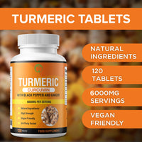 Natural Foundation Turmeric Curcumin & Black Pepper with Ginger | High Strength 120 Tablets 6000mg per Serving | Made in The UK | Natural Health Supplement for Men & Women (120)