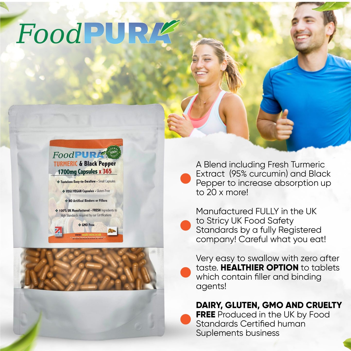 FoodPURA Turmeric with Black Pepper Capsules High Strength 1700mg HACCP Certified, Manufactured in The UK by FoodPURA 1 Pack of 365 Capsules … …