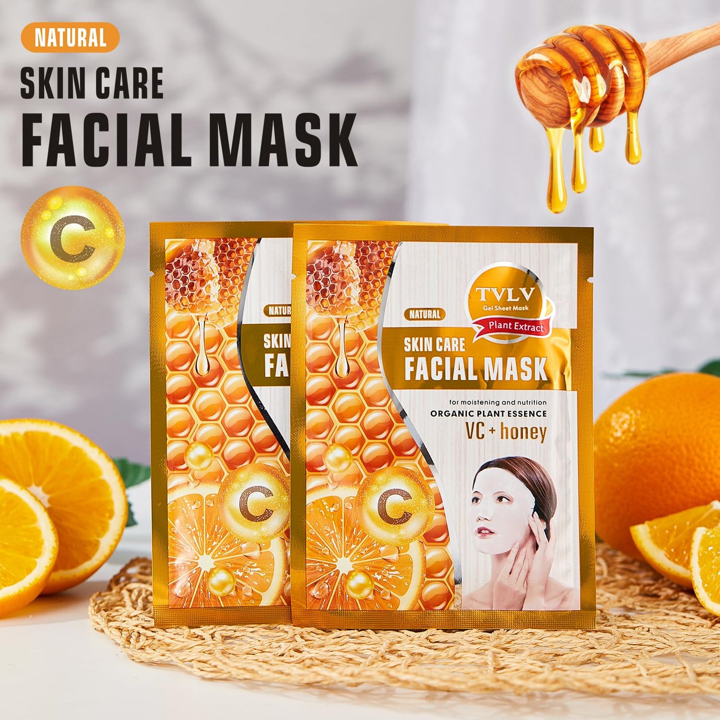 Generic 10-Pack VC+Honey Facial Masks with Hyaluronic Acid - Moisturizing, Alcohol-Free Sheet Masks for All Skin Types, Scented with Natural Honey Essence, Hydration Boost & Multi-Nourishing Benefits