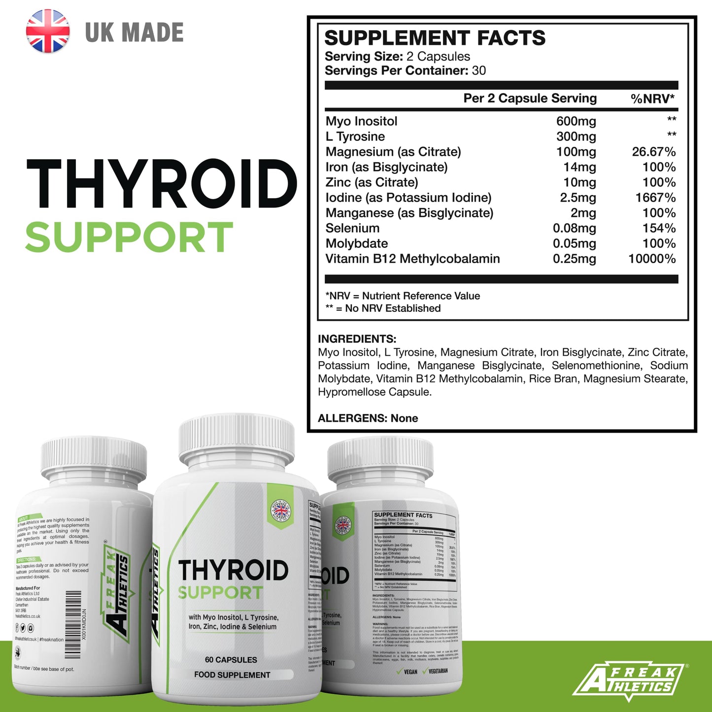 Freak Athletics Thyroid Support Supplement - 60 Capsules - Includes Myo inositol, L-Tyrosine, Iron, Magnesium, Zinc, Manganese, Selenium, Vitamin B12 - Contributes to The Reduction of Tiredness & Fatigue