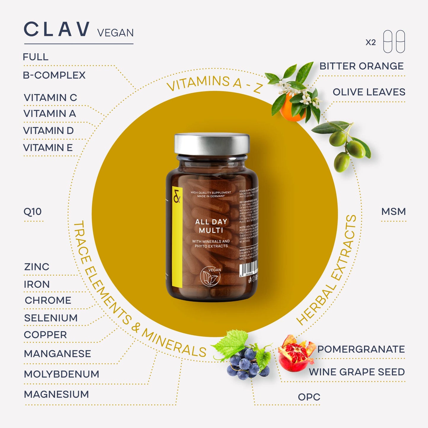 CLAV All Day Multi - A-Z Multivitamins and Minerals - 30 Valuable Vitamins, Minerals, Trace Elements & Plant Extracts - All in One Premium Multi Vitamin for Men and Women - Natural & Vegan