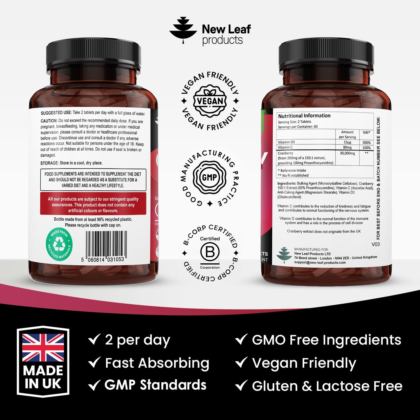 NEW LEAF PRODUCTS Cranberry Tablets Triple Strength 30,000mg - Added Vitamin C & D - 120 Cranberry Supplements Cranberry Supplements for Women and Men - Vegan Cranberry Tablets for Women Made in UK by New Leaf