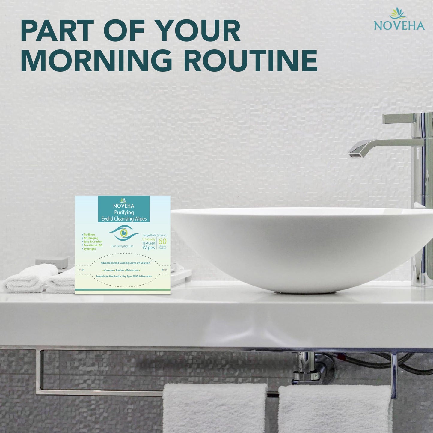 NOVEHA Antimicrobial Eyelid & Lash Wipes | For Itchy, Dry Eyes, Styes & Blepharitis, Gentle & Natural 0.02% Pure Hypochlorous Acid Cleansing Wipes, Hypoallergenic & Soothing For Sensitive Eyes, Pack of 60